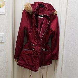 Red jacket with faux fur hoodie